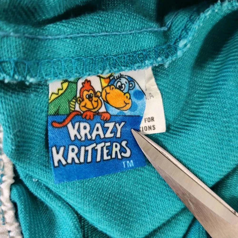 Vintage 80s Krazy Kritters Overalls Girls Size 2 Dinosaur Applique Teal Pink USA